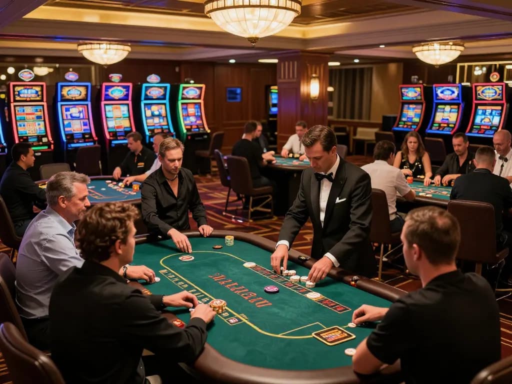 Experience the vibrant atmosphere of CasinoAtlas featuring engaged players at poker tables, strategic gameplay and elegance.