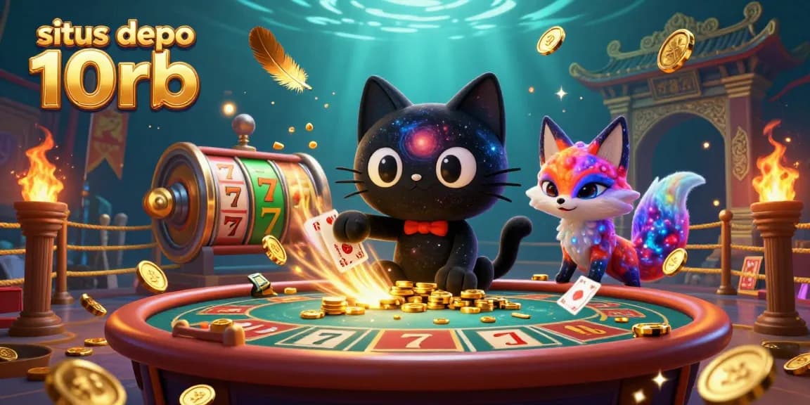 Experience exciting gaming action with situs depo 10rb, featuring vibrant slot machines and swirling cosmic elements.