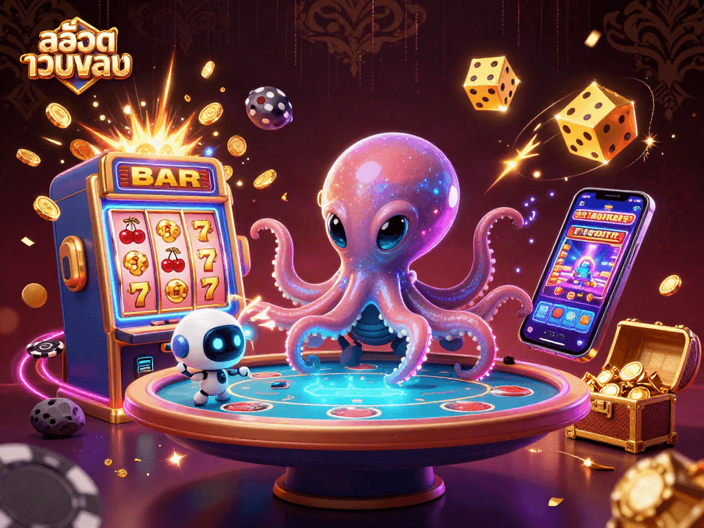 Engage with สล็อตเว็บตรง at a vibrant alien casino filled with dynamic slot machines and poker elements.