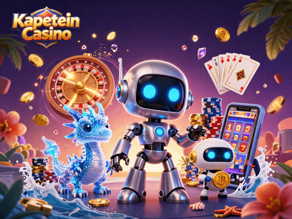 Kapitein Casino menyajikan ilustrasi 3D dengan robot cyberpunk dan elemen kasino menarik.