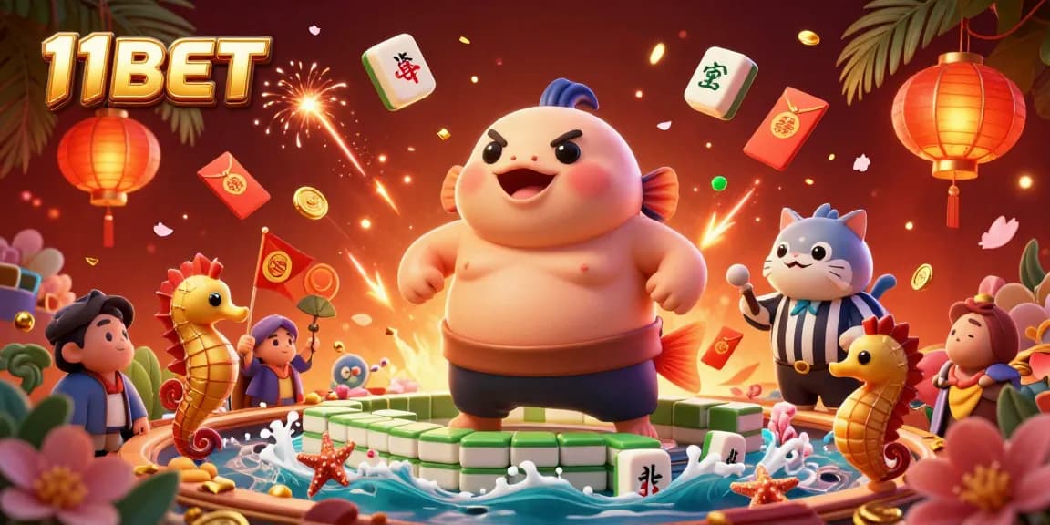 Experience thrilling gameplay with 11BET as the fugu and catfish referee bring a lively casino atmosphere to life.