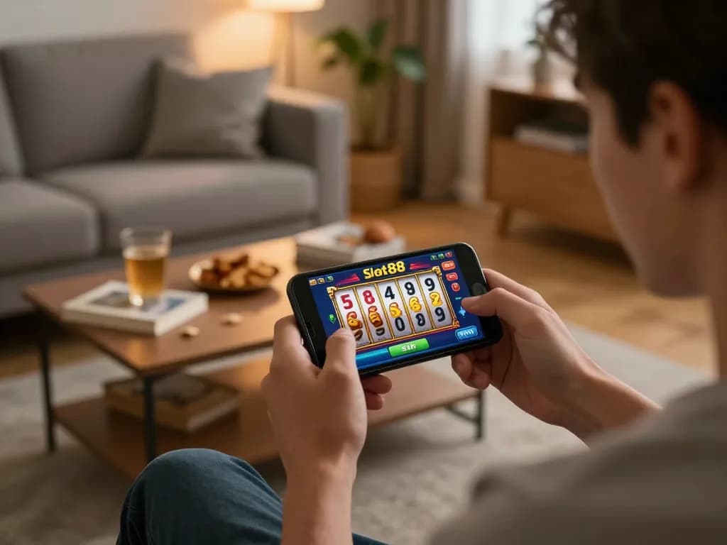 Player enjoying Slot88 gameplay on a smartphone in a cozy living room setting