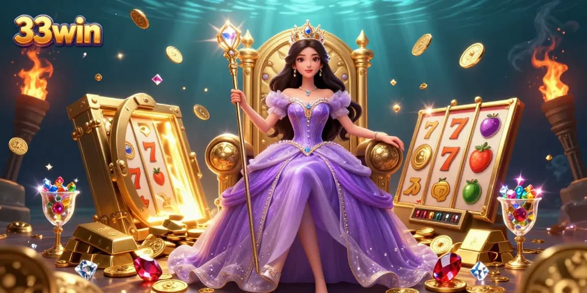 Experience winning at 33win with an illustration of a regal casino goddess amidst vibrant slot game symbols.
