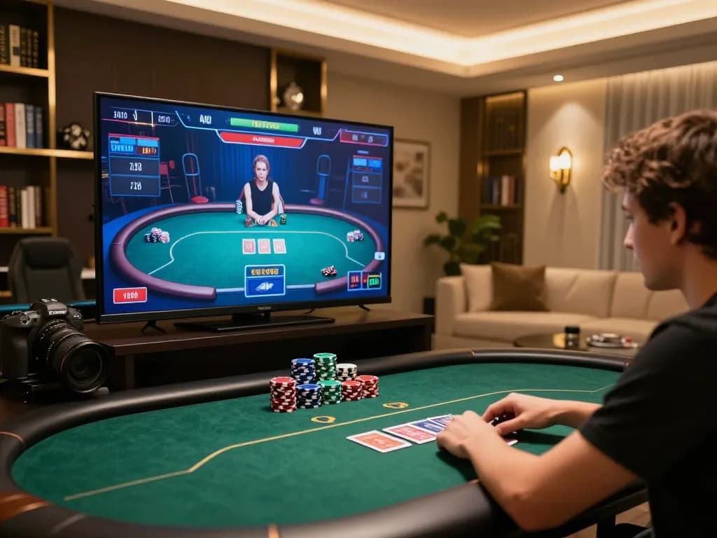 Player engaging in a thrilling online poker game at Jun88, enhancing their gaming strategy.