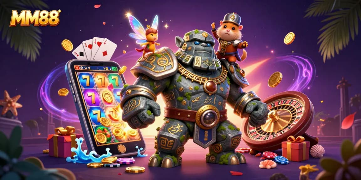 Engage with MM88's thrilling slot games featuring colorful reels, golden coins, and magical characters.