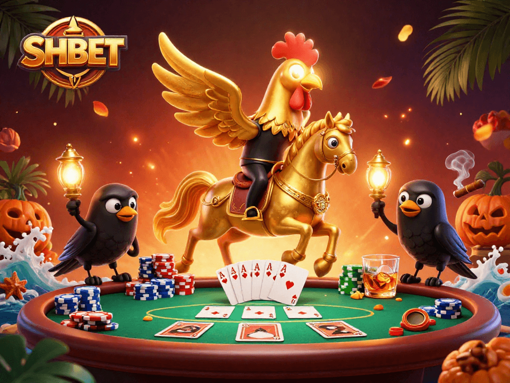 Experience the thrill of SHBET with a dynamic casino scene featuring a golden rooster and poker elements.