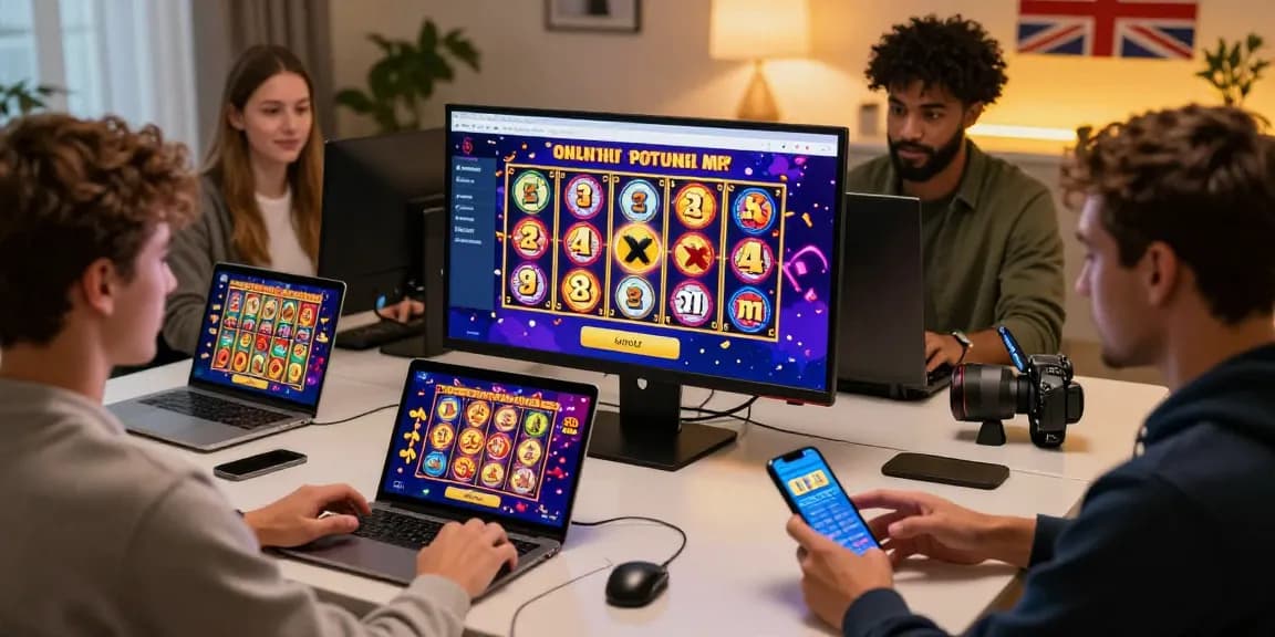 Engaging scene at new online casinos in the UK, showcasing players enjoying vibrant slot games on multiple devices, celebrating wins in a modern home environment.