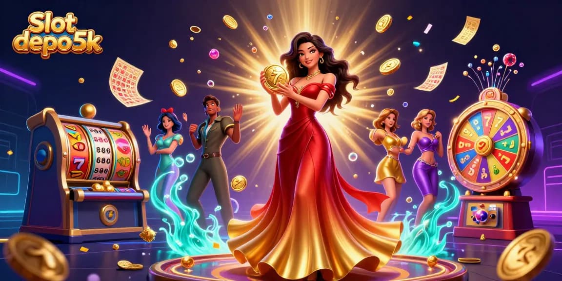 Experience thrilling Slot depo 5k action with glamorous visuals of casino elements and winning symbols.