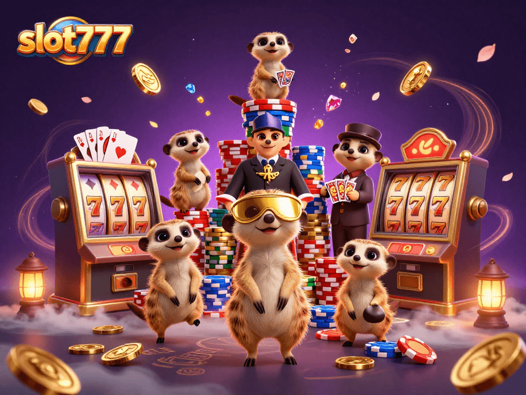 Engage in fun gaming with Slot777 featuring dynamic meerkats managing an animated casino.