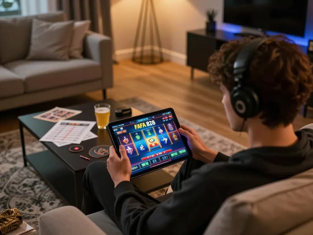 Player engaging with FAFA 828 online slots on tablet in cozy home setting