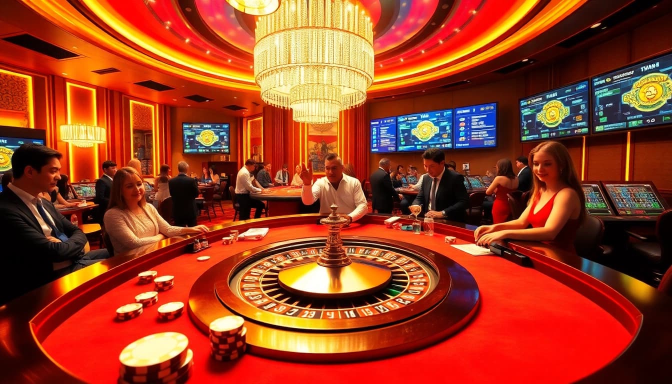 Players enjoying a lively game at go88's luxurious casino table with poker chips and dice.