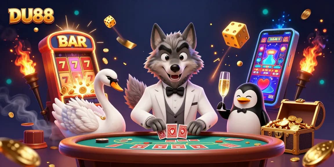 Experience the excitement of DU88 with a debonair wolf at a baccarat table and golden jackpot elements.