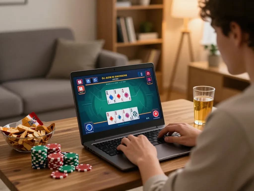 Player engaging in mm88 online poker session at home with laptop and snacks.