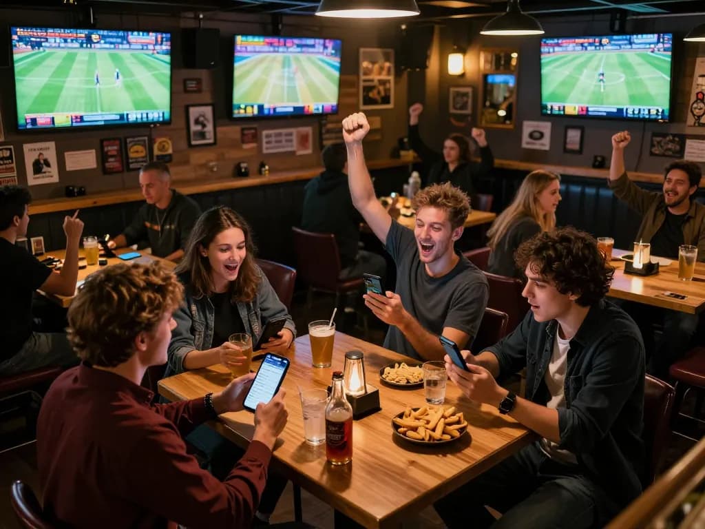 Friends immerse in mposport online betting while enjoying a live sports event at a bustling bar.