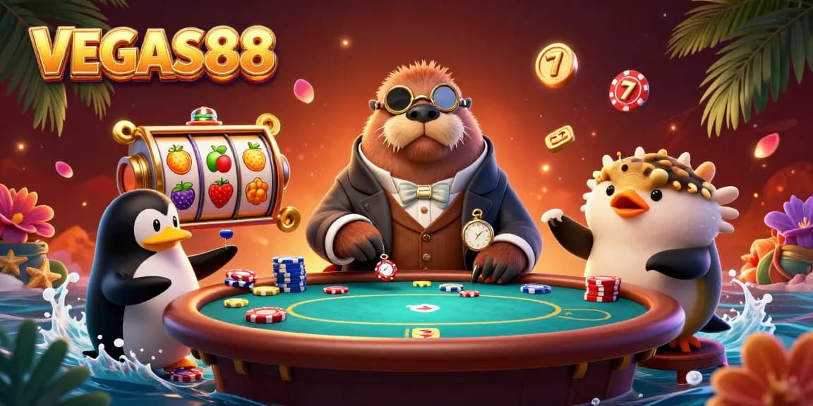 Play exciting slot games at VEGAS88 featuring vibrant characters in a lively casino scene.