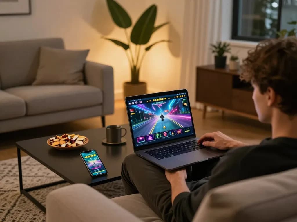 Engaging with the F168 online casino from a cozy home setup, showcasing immersive gameplay.