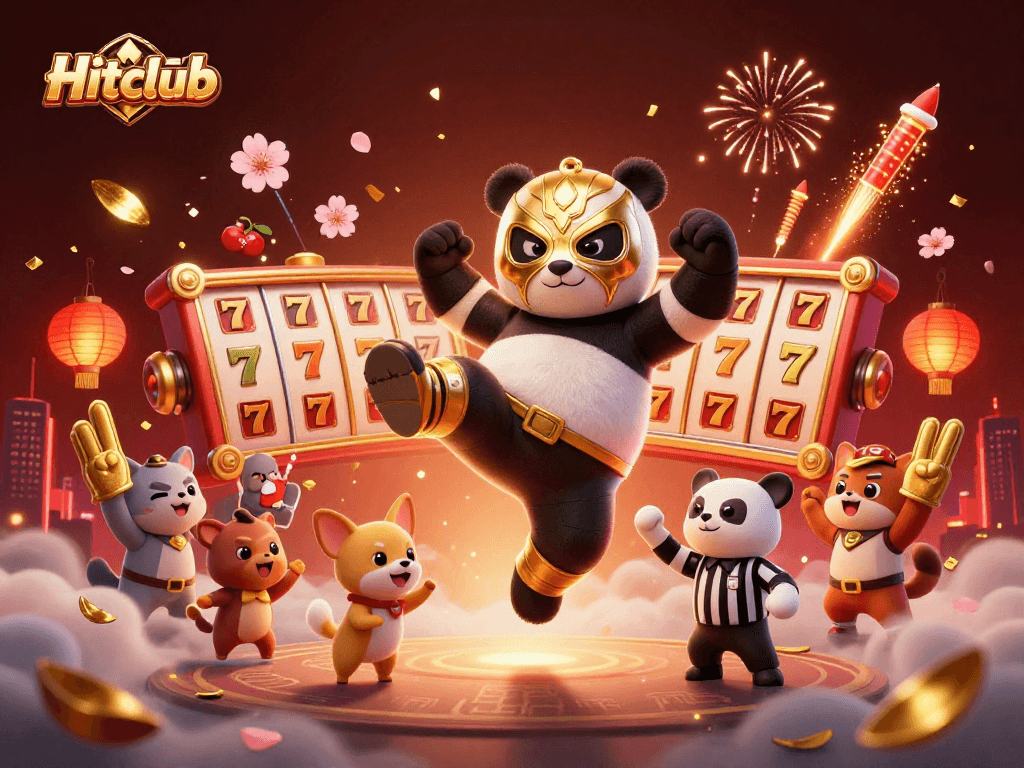 Experience thrilling moments at Hitclub with vibrant animated characters and dynamic gaming symbols in an exciting casino scene.