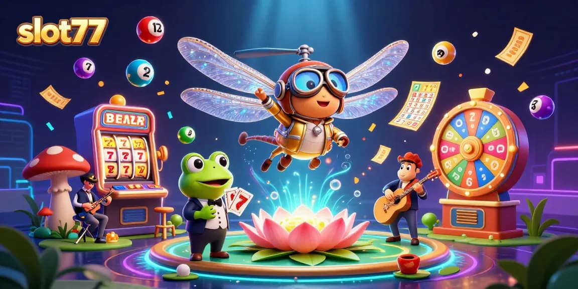 Spin the slot77 jackpot with a dragonfly pilot and frog croupier in a vibrant casino scene!