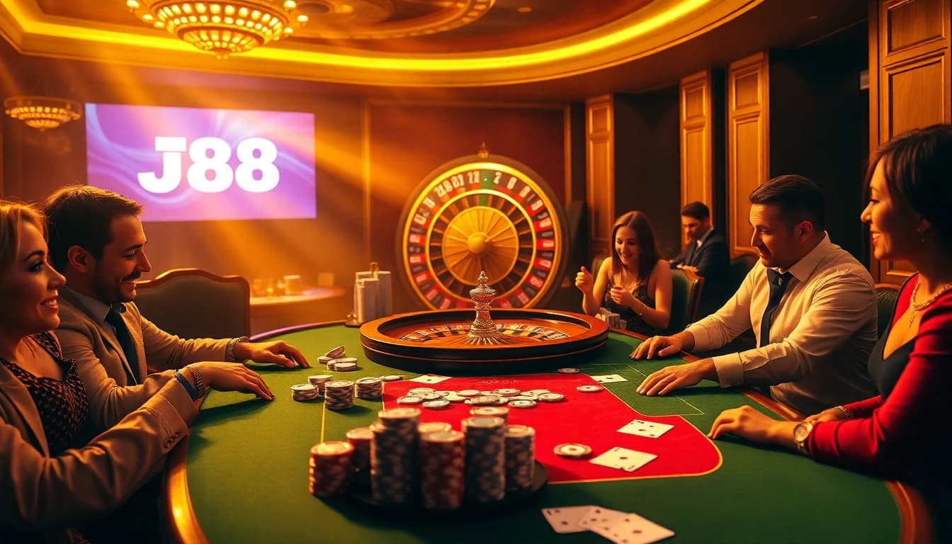 Thrilling casino experience showcasing J88 logo with vibrant poker table, roulette, and excited players.
