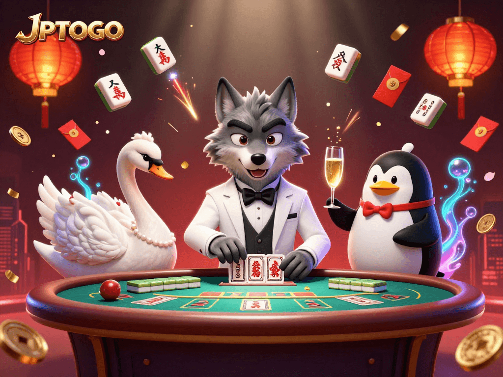 Engage with JPTOTO's vibrant baccarat scene featuring a debonair wolf and elegant swan.