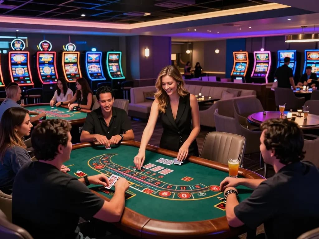 hitclub gaming lounge bustling with players enjoying blackjack and roulette at luxe tables