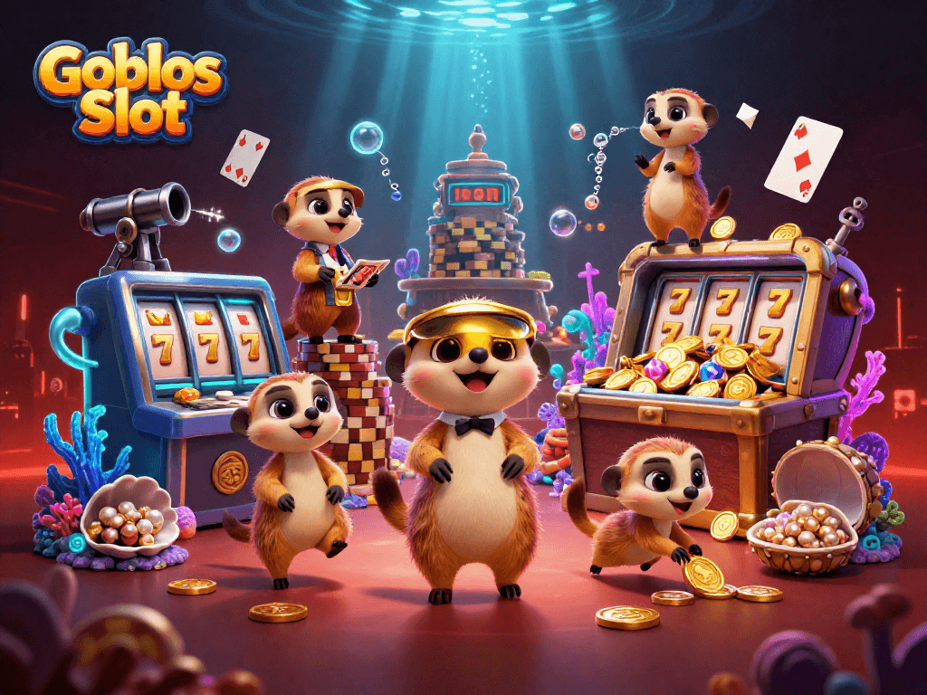 Experience Goblos Slot with meerkats in a vibrant 3D casino scene, showcasing competitive jackpots.
