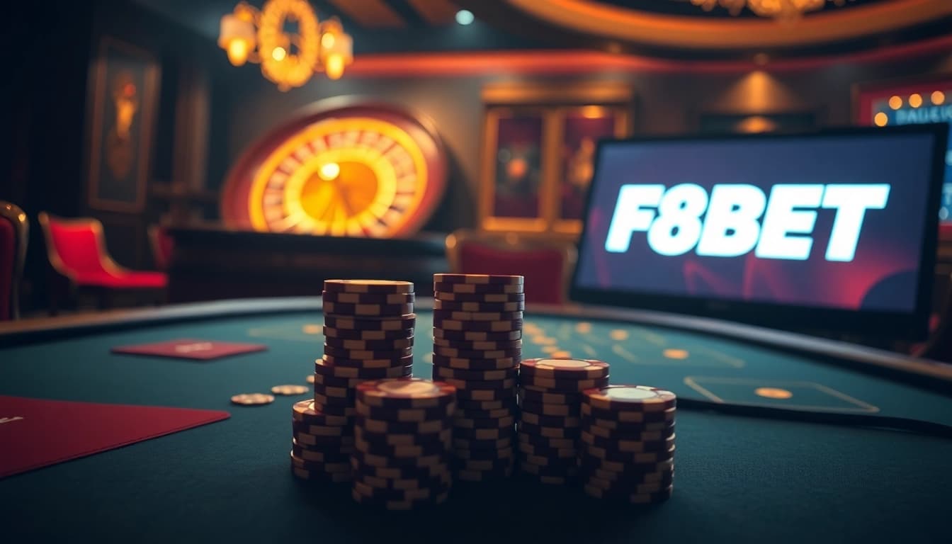 F8BET logo displayed prominently on an elegant poker table in a luxurious casino setting.