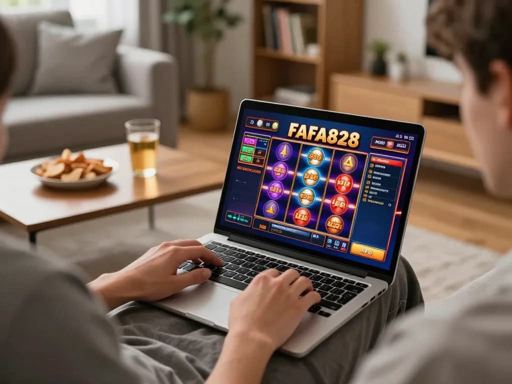 Experience FAFA828 online slots with a cozy home gaming setup, person engaged at laptop with vibrant game interface.