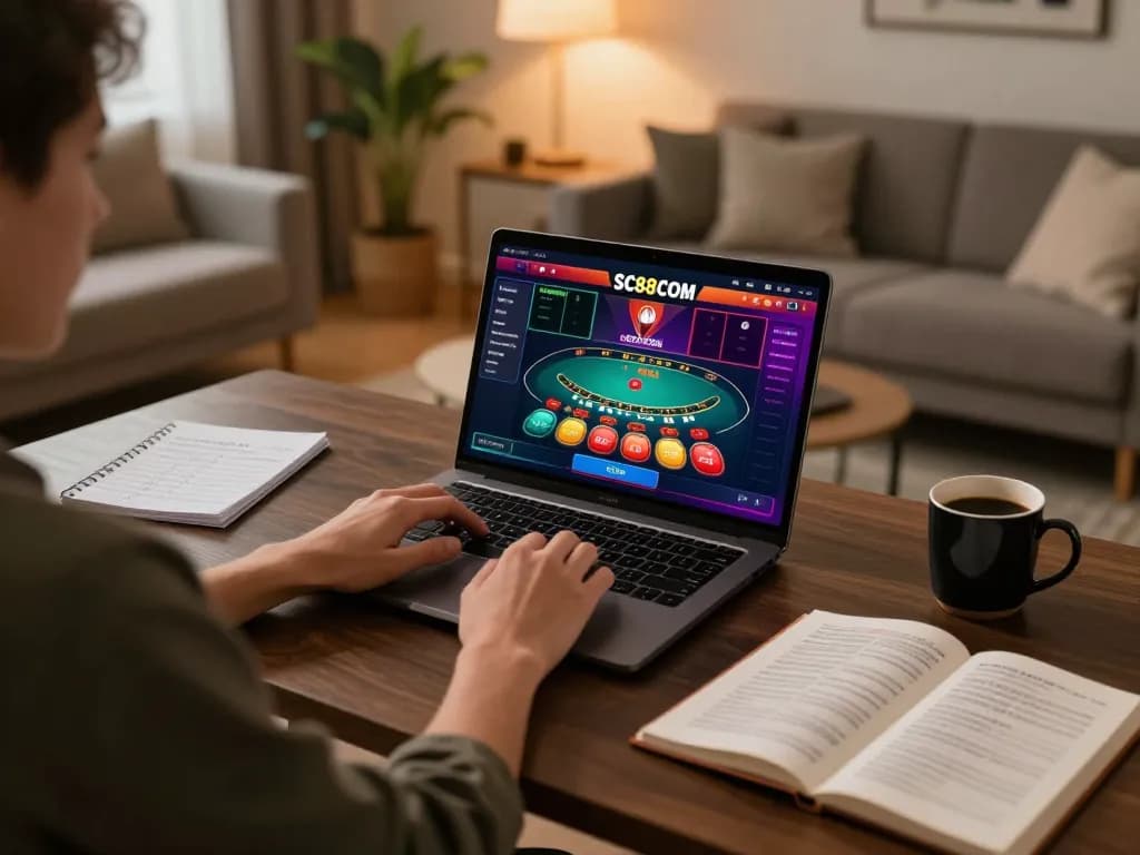 Player engaged in online gaming at SC88COM with live dealer blackjack on laptop screen
