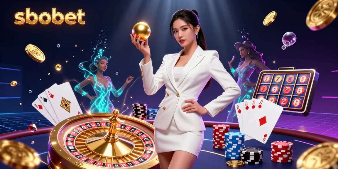 Succeed with sbobet by placing bets in a vibrant, detailed casino scene featuring roulette, poker, and golden coins.