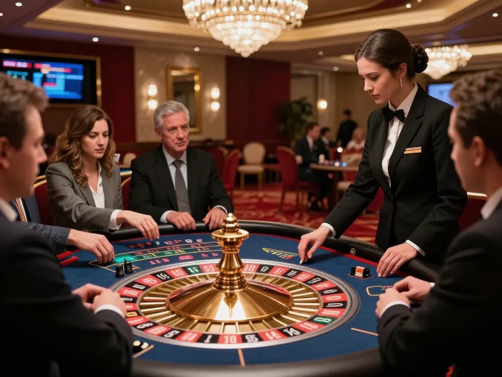 KJC players place bets at an exciting roulette table in a sophisticated casino setting.