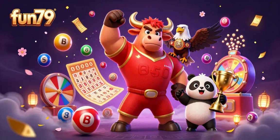 Experience winning thrills at fun79 with a vibrant 3D scene featuring colorful gaming elements.