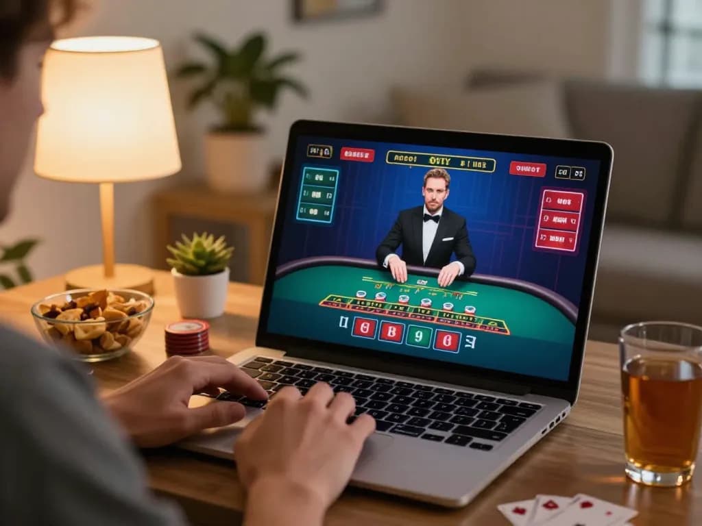 Player engaging in an exciting online 789win blackjack session from home, promoting responsible gambling.