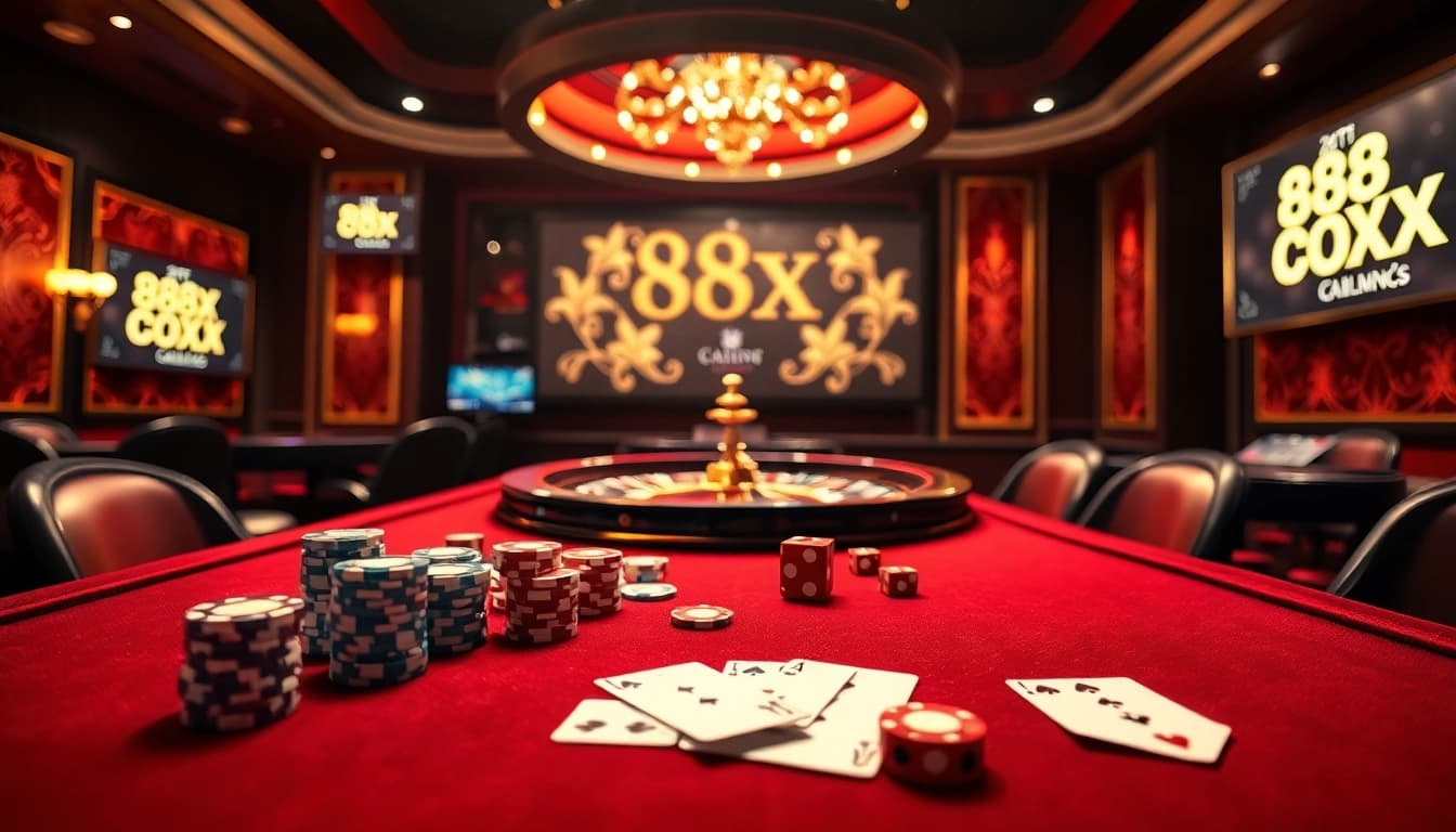 Gambling action at 88xx casino with cards, chips, and roulette wheel creating excitement.