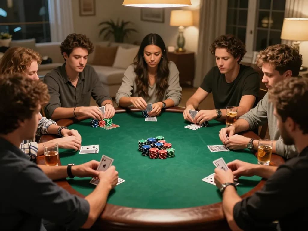 Friends enjoying a friendly poker night at home featuring the TG777 game atmosphere with strategic gameplay and interaction.
