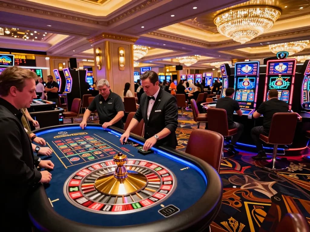 Rwin players engaging in a thrilling roulette game at a busy Las Vegas casino, vibrant atmosphere