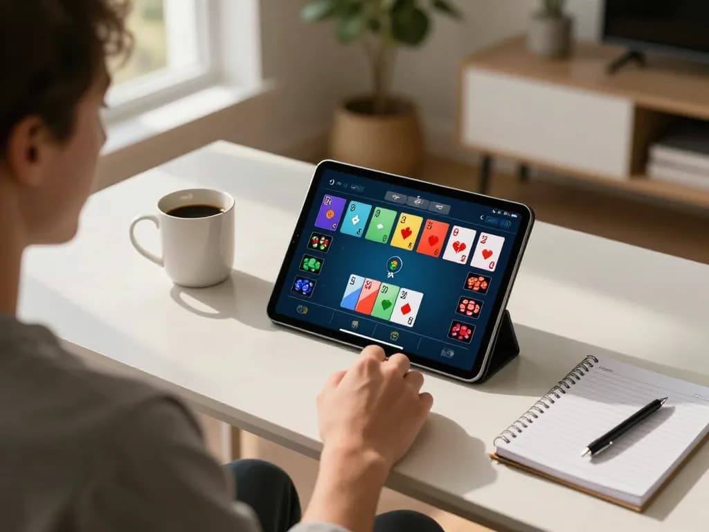 spinadvisor person strategizing poker at home with tablet in cozy setting