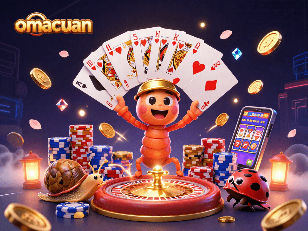 Dealer utama omacuan menang dalam permainan kasino dengan kartu, chip, dan koin emas yang melimpah.