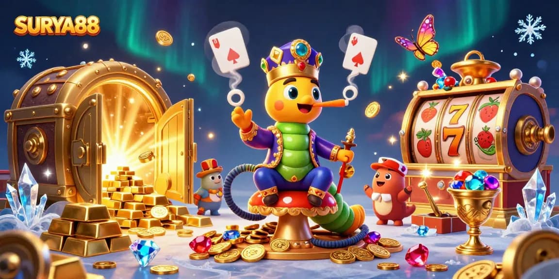 Experience immersive slots action with SURYA88 in a vibrant 3D casino scene.
