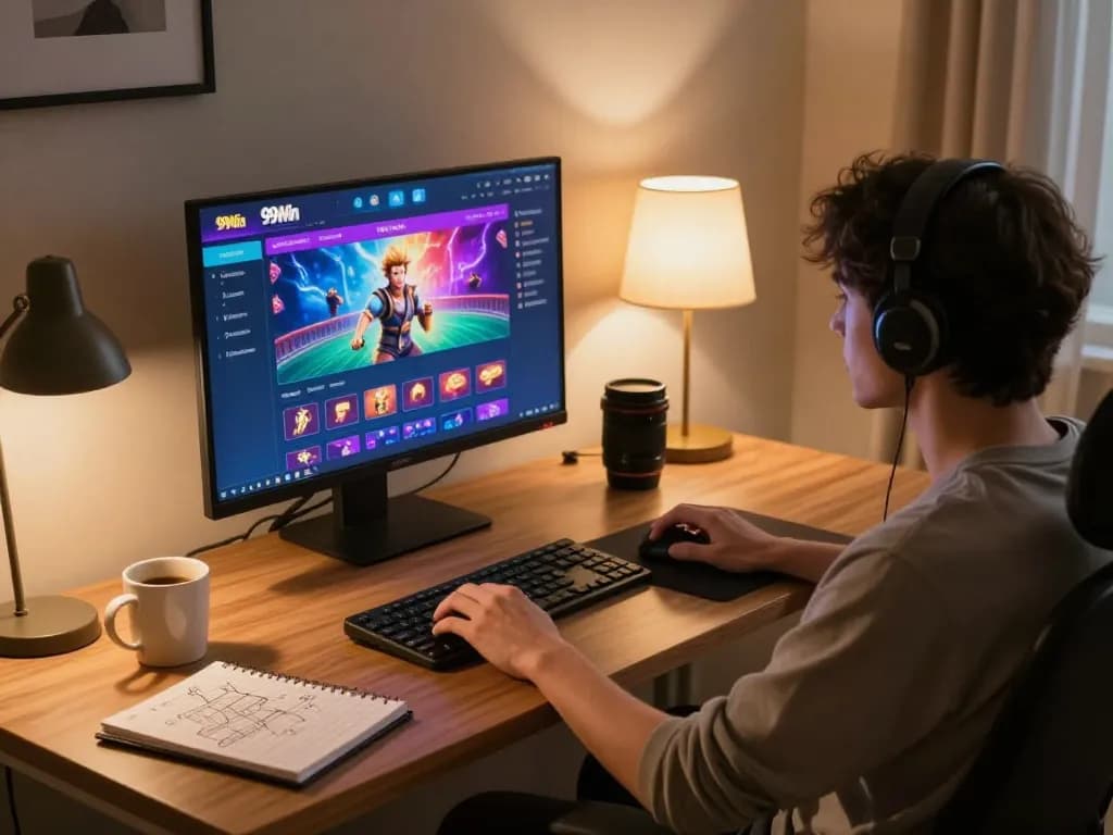 Play online casino games with 99Win in a cozy home setup, showcasing exciting gameplay and strategy notes