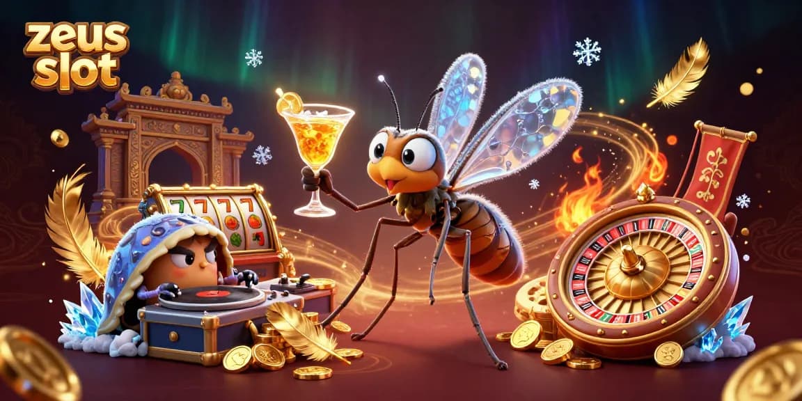 Experience thrilling gameplay with zeus slot, featuring a unique frozen mosquito mascot and golden roulette wheel.