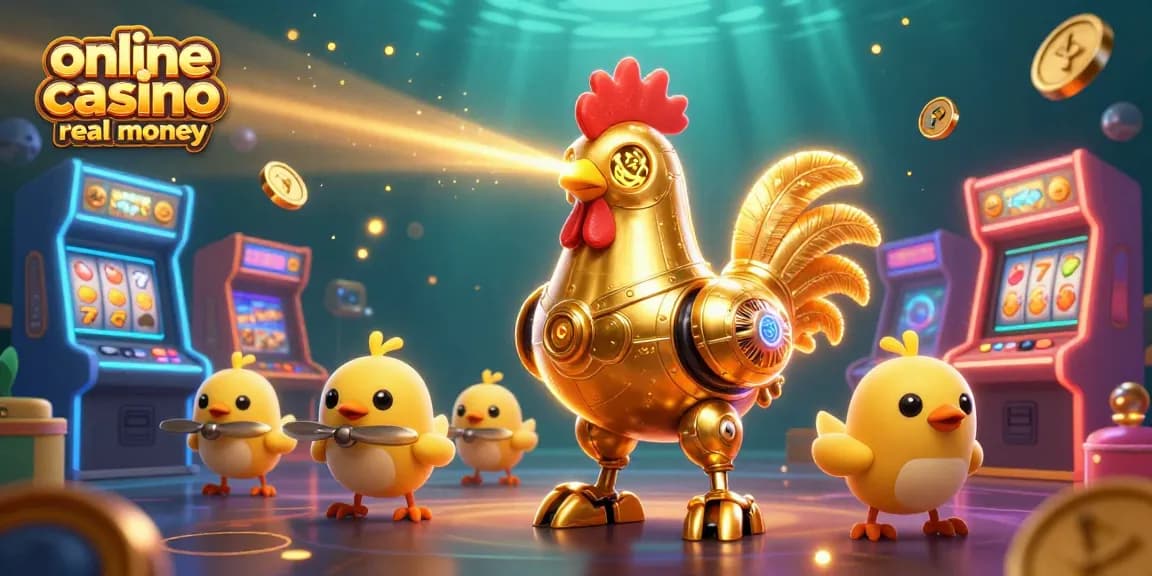 Engage in exciting gameplay at online casino Australia real money with vibrant arcade machines and a whimsical rooster robot.