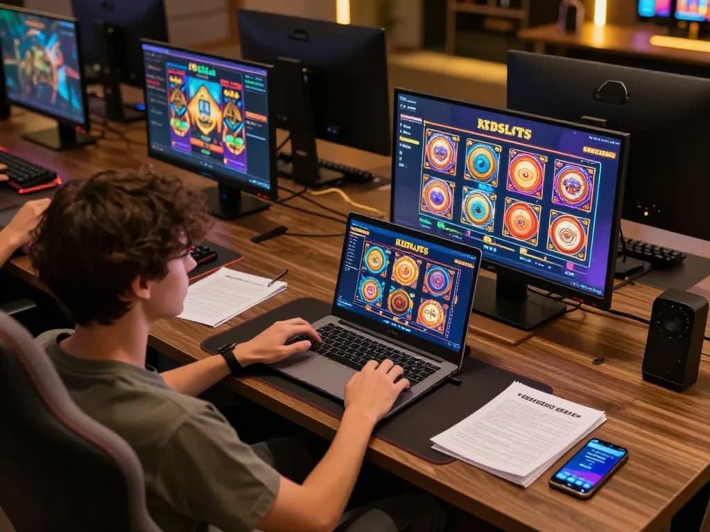 Kdslot player engaged in online gaming on a laptop at home, showcasing vibrant slot games and a cozy atmosphere.