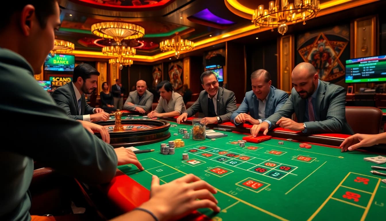 Engage in game đánh bài đổi thưởng at a luxurious casino with vibrant poker tables and intense gameplay.