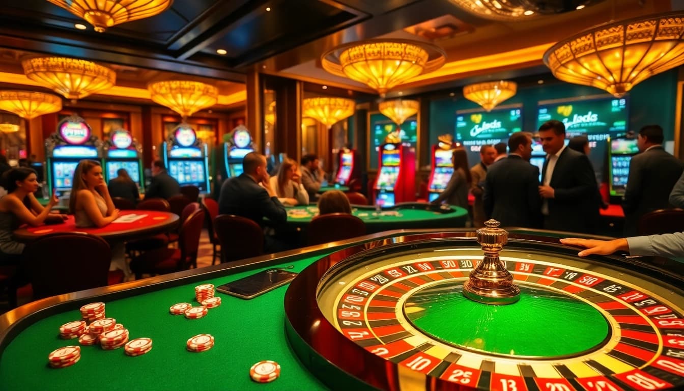 Kkwin casino scene with roulette table, poker players, and LED slot machines reflecting luxury and excitement.