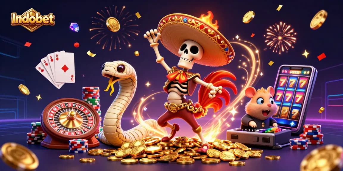 Indobet menampilkan skeleton mariachi merayakan kemenangan bersama koin emas dan simbol perjudian.