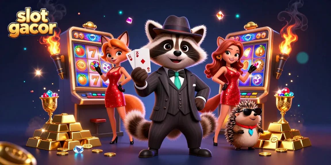 Spin the reels for slot gacor wins with cartoon raccoon, fox, and hedgehog in vibrant casino.