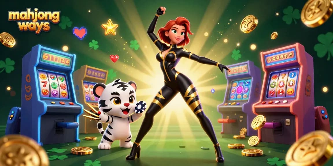 Spin for wealth with Mahjong Ways, featuring a stunning acrobat and playful tiger in a vibrant casino scene.
