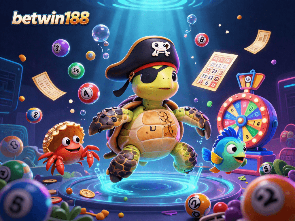 Engage with betwin188 through an exciting lottery scene featuring vibrant characters and dynamic game elements.