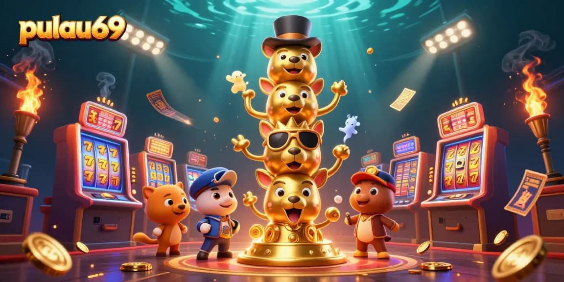 Experience the excitement of pulau69 with vibrant slot games and engaging characters in a dynamic casino scene.